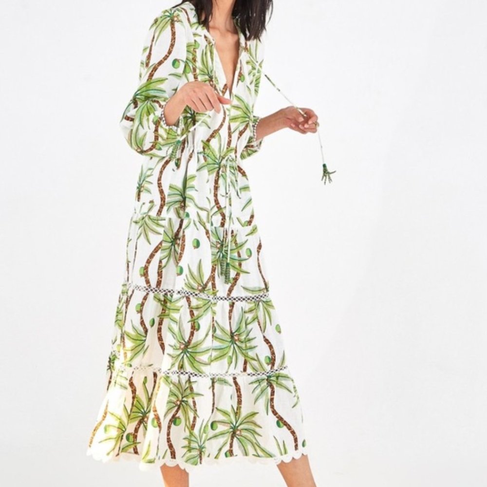 Farm Rio Swinging Palm Linen Midi Dress Size S
